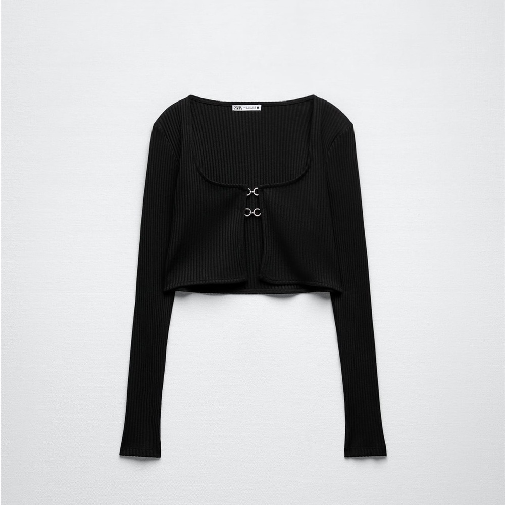 Black Square Neck Long Sleeve Crop Blouse